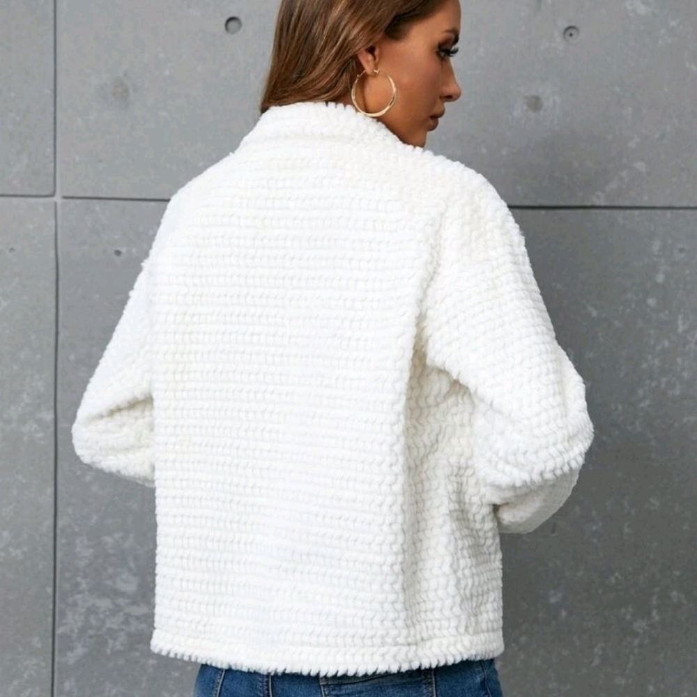 SHEIN Solid Zip Up Teddy Jacket Ladies Furry White Casual Fuzzy Small - Picture 4 of 6